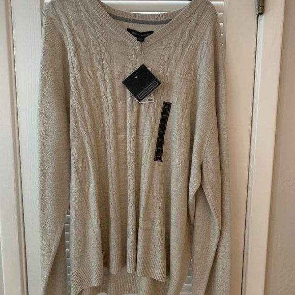 NEW Sweater V-Neck Tricots St. Raphael Cable Knit Oatmeal Tan Size XXL Tags - Picture 1 of 6